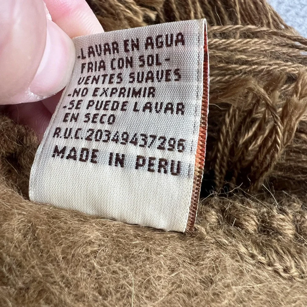 Alpaca Camargo Scarf Womens Brown Floral Crochet Fringe Trim Soft Peru Boho Wrap